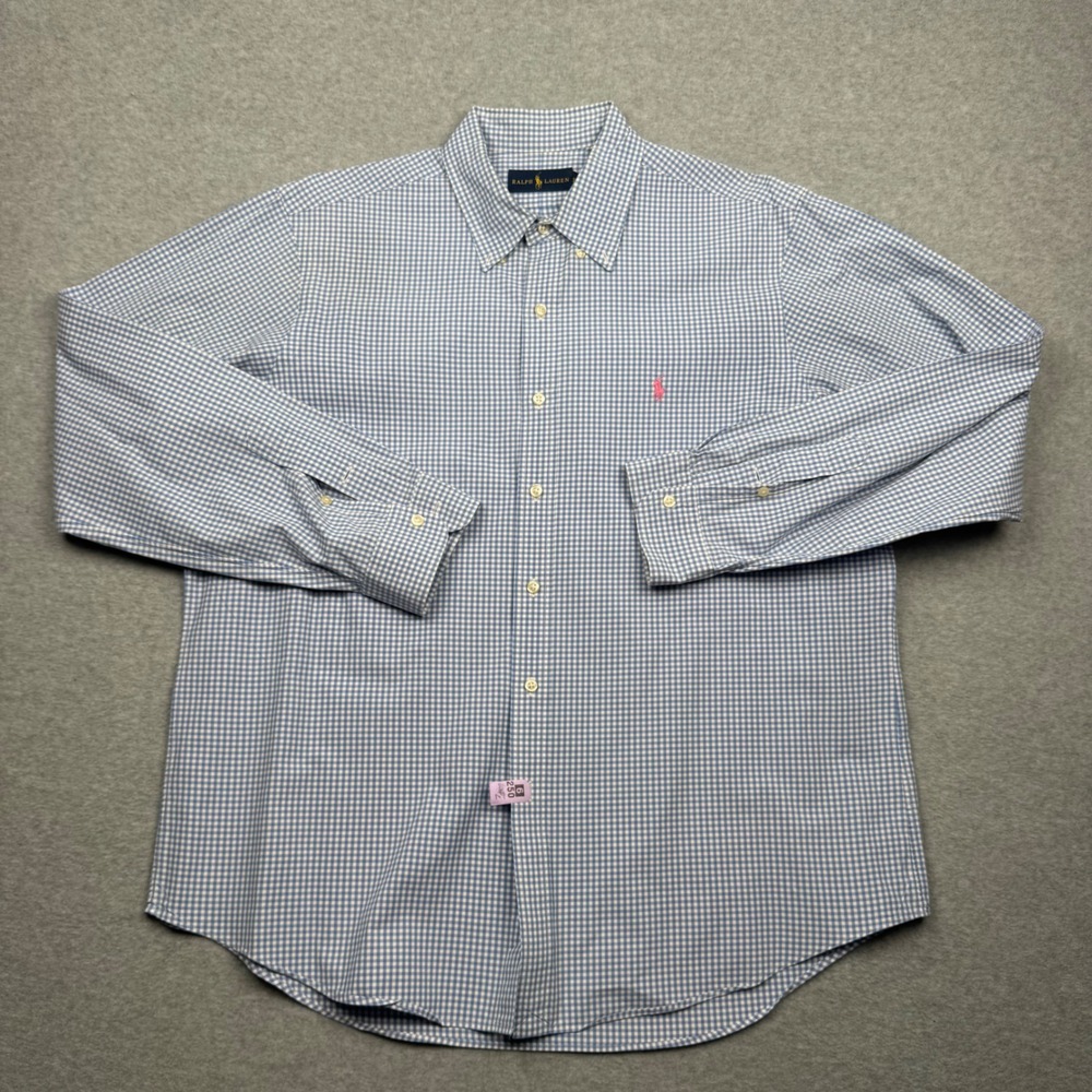 Ralph Lauren Mens XL Blue White Gingham Check Long Sleeve Button Down Shirt